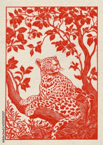Leopard resting on a tree in a red ink linocut print on textured off white paper with vintage aesthetic