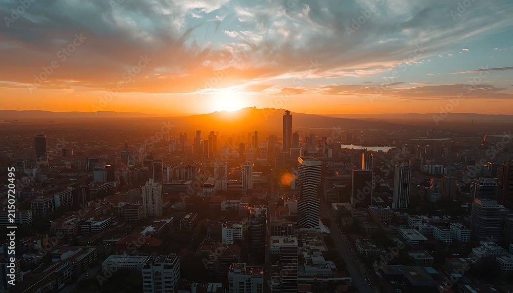 Fototapeta premium Aerial view of city skyline during golden sunset