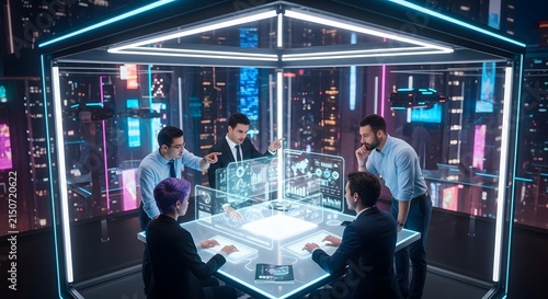 Team of professionals analyzing holographic data in futuristic control room. Business experts collaborating on interactive digital interface with a...