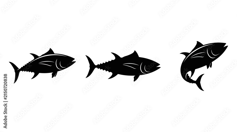 Fototapeta premium Set of Three Tuna Fish Silhouettes Isolated on White Background for Seafood Logo or Fishing Design