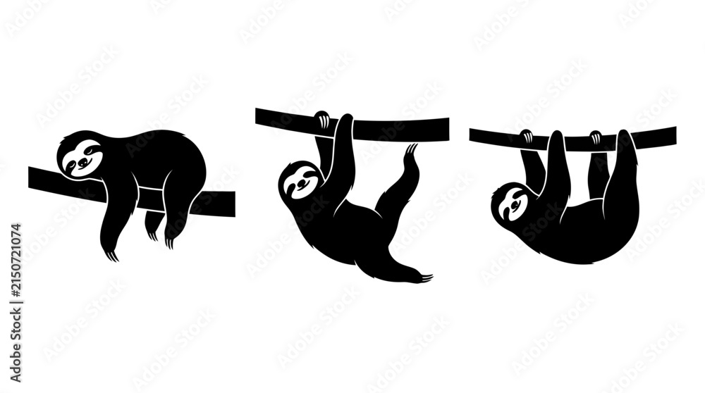 Naklejka premium Set of Three Cute Sloth Silhouettes Hanging and Sleeping on Tree Branches Isolated on White Background