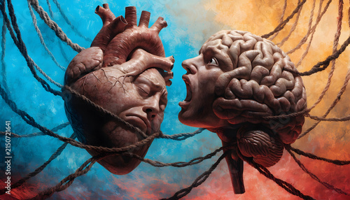 Anatomical human heart and brain screaming at each other. Emotional conflict and internal psychological struggle. Human heart tied with ropes face to face with screaming brain.