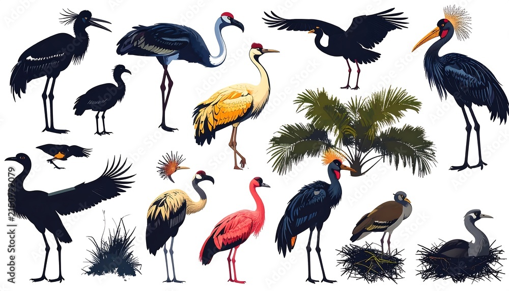 Obraz premium Colorful wildlife bird species illustration set.