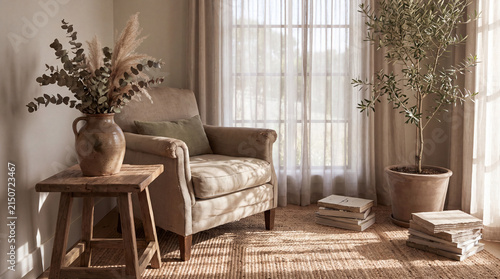 Cozy reading corner with linen armchair and dried floral arrangement in rustic vase illuminated by warm sunlight