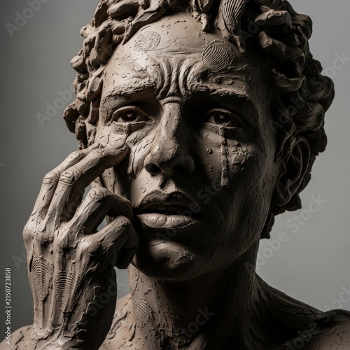 Expressive clay sculpture of a human bust with tear streaks on its face, capturing profound emotion