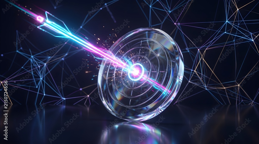 Obraz premium Fast glowing neon arrow striking precisely through center target board.