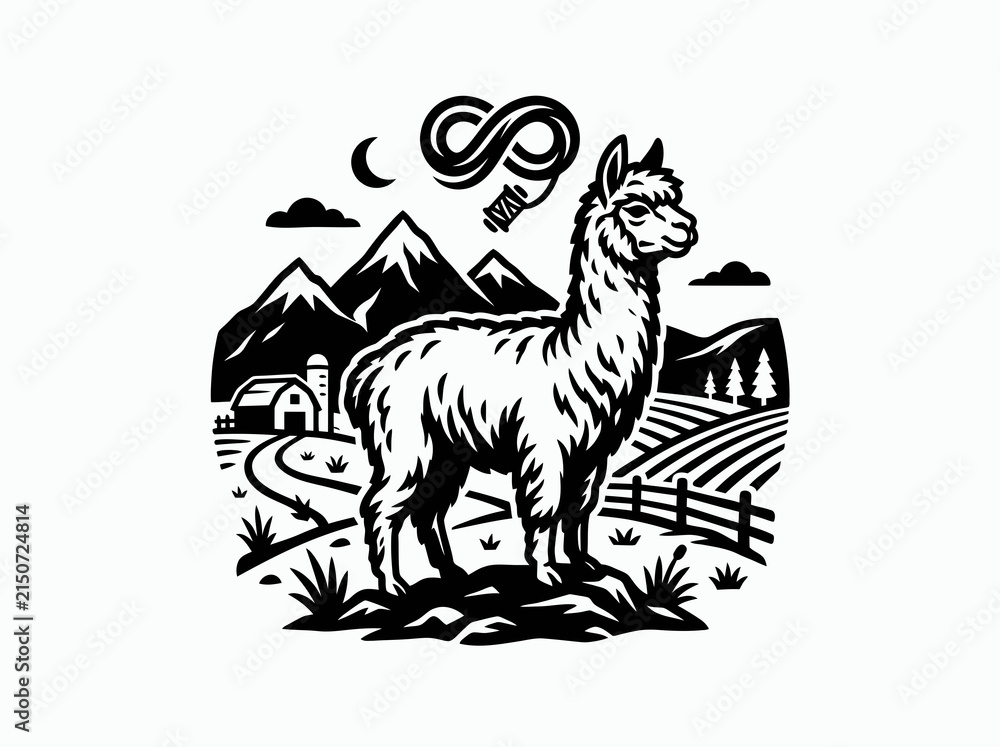 Naklejka premium Black and White Alpaca Farm Silhouette Icon Vector Art