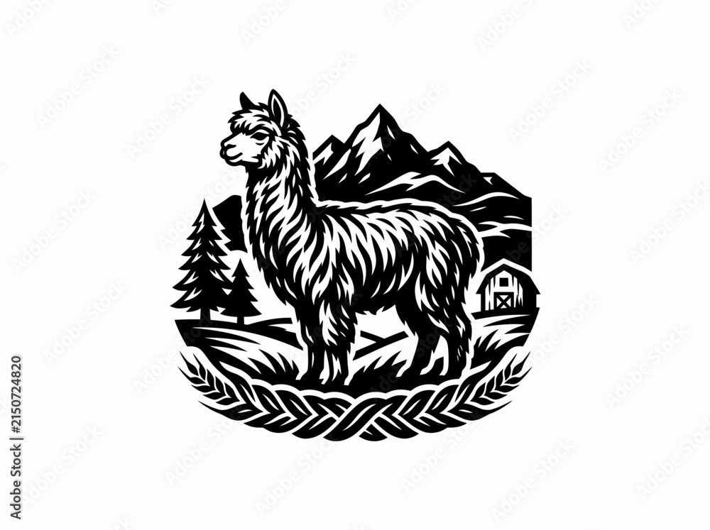 Naklejka premium Rustic Alpaca Livestock Emblem with Mountains and Barn - Stylized Black White Farm Illustration