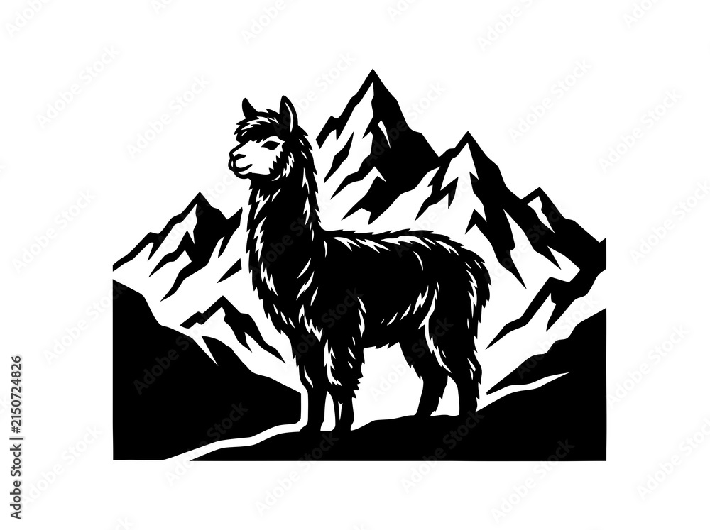 Naklejka premium Black and White Line Art Alpaca in Mountain Landscape Vector Illustration for Outdoor Animal Themes