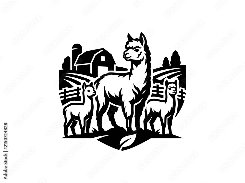 Naklejka premium Alpaca Farm Livestock Black and White Vector Logo - Agriculture and Animal Husbandry Emblem