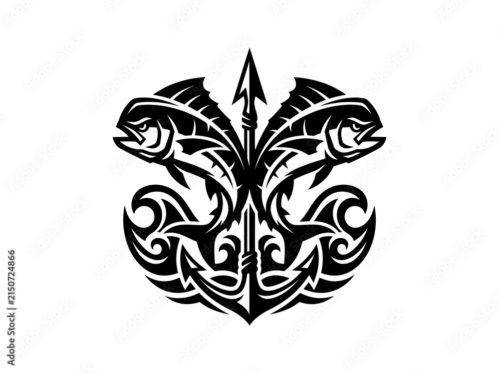 Fototapeta premium Stylized Black and White Tribal Mahi-Mahi Fish Trident Anchor Crest Emblem Mascot Vector