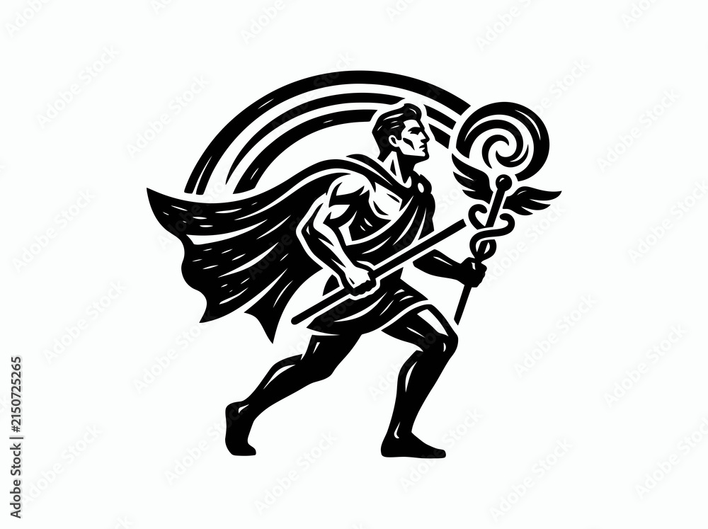 Fototapeta premium Hermes Mercury God Running with Caduceus Medical Staff - Black and White Graphic Line Art Vector Icon