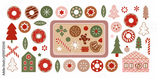 Decorated cookies donuts and gingerbread houses vector illustration