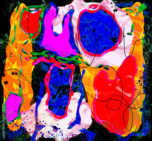 Colorful Expression Abstract Composition with Neon Shapes background , playful wall art.