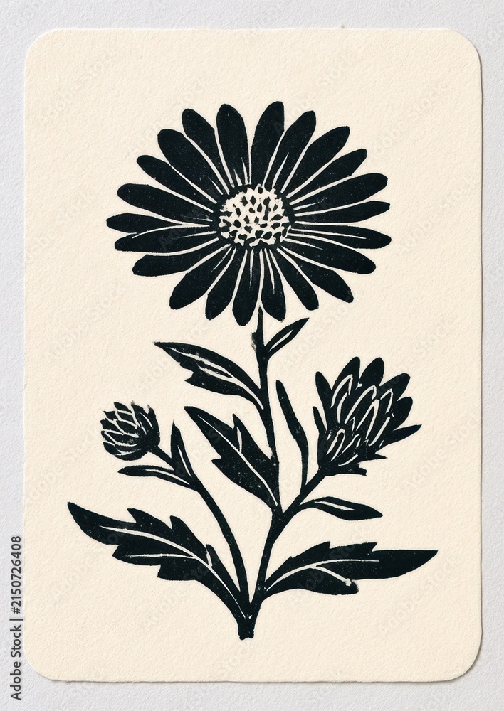 Fototapeta premium Blooming aster linocut print on textured off white paper in vintage playing card style