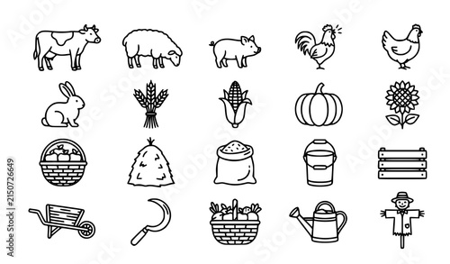 Rural Farm Life Icon Collection with Livestock Crops and Harvest Symbols