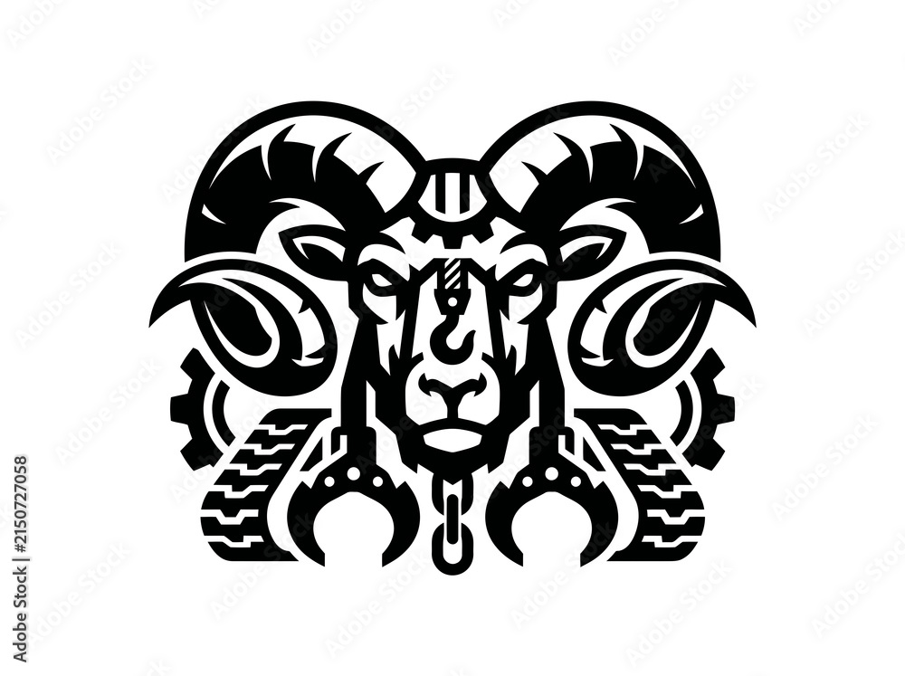 Naklejka premium Battering Ram Logo: Industrial Machine, BW Vector Art