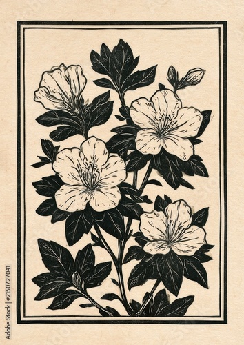 Azalea bloom in a vintage linocut on textured offwhite paper
