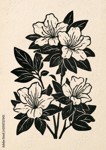 Azalea bush linocut print on offwhite textured paper with vintage aesthetic