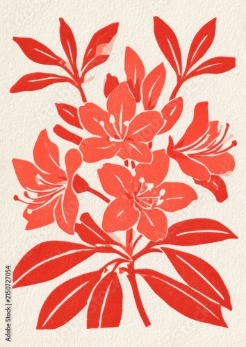 Rhododendron flower cluster in vintage linocut style on textured offwhite paper