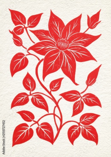 Climbing clematis in red linocut on textured offwhite paper with vintage aesthetic