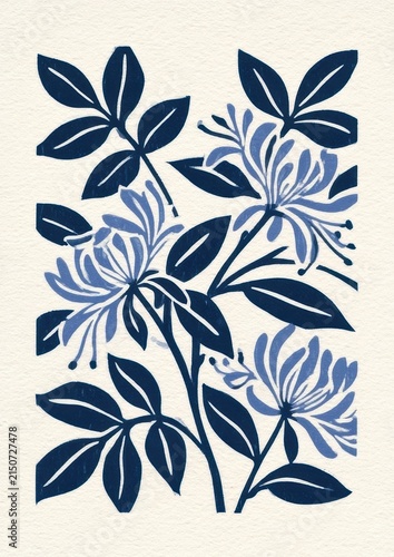 Honeysuckle vine linocut print on off white textured paper with navy ink in vintage style