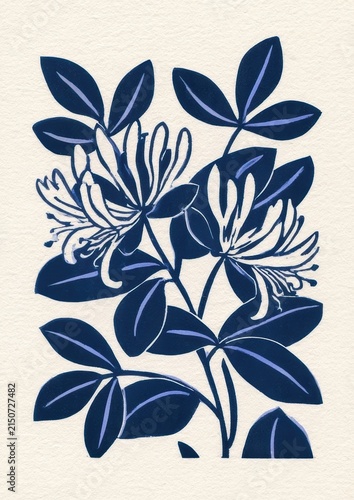 Honeysuckle vine linocut print in navy ink on off white textured paper with vintage card motif