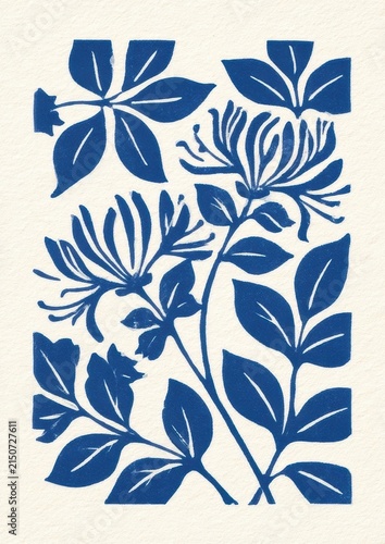 Honeysuckle vine in a navy linocut card design on offwhite textured paper, vintage aesthetic