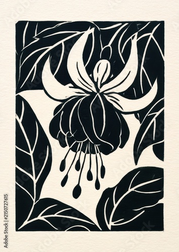 Hanging fuchsia botanical linocut print on offwhite textured paper with vintage card motif