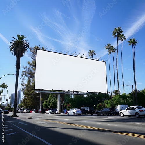 Blank Outdoor Billboard Mockup on City Street with Palm Trees