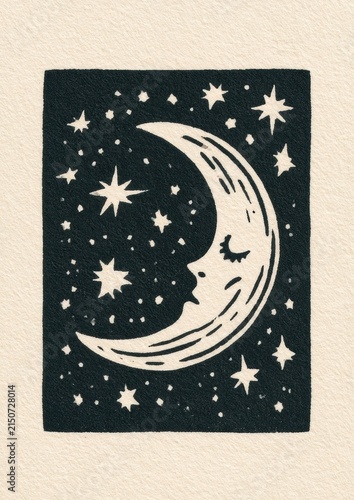 crescent moon with sleeping face among stars in a vintage linocut print on textured offwhite paper