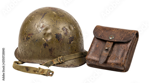 Vintage military steel helmet and leather ammo pouch, authentic olive drab combat gear, weathered army equipment on white background