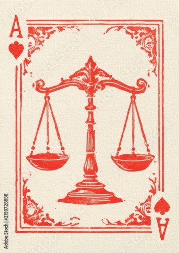 Vintage linocut balance scale with equal weights on textured offwhite paper in red ink