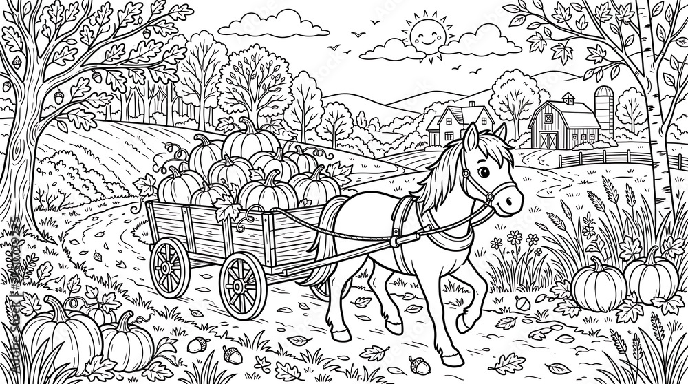 Obraz premium A black and white coloring page of a pony pulling a wooden wagon filled with pumpkins through a farm landscape with a barn and autumn trees