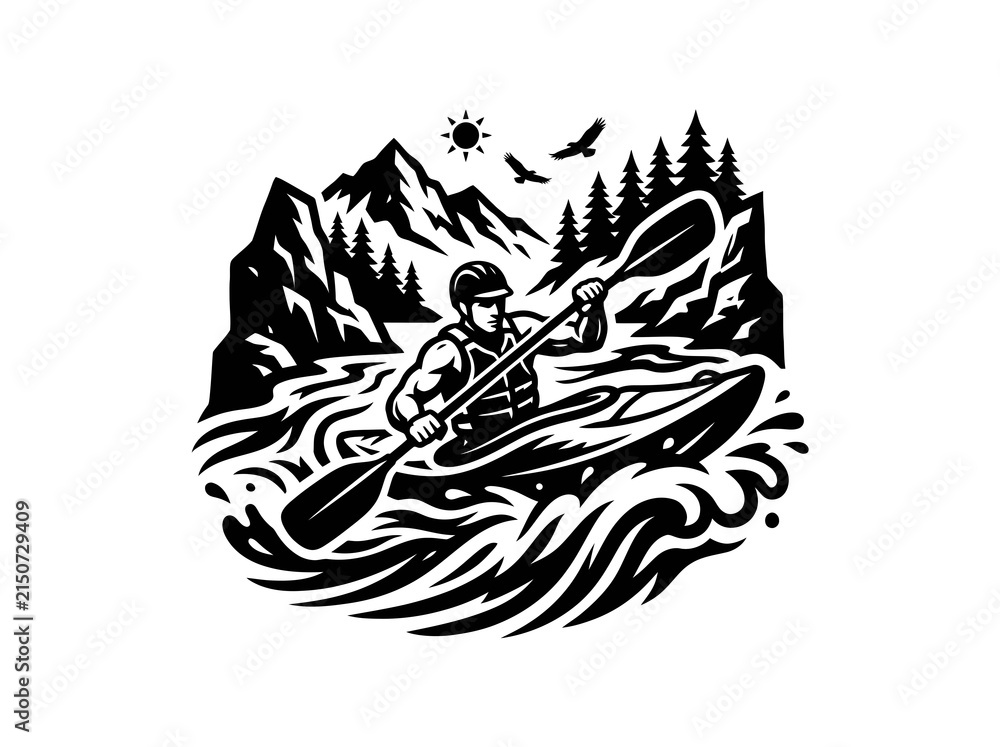 Naklejka premium Woodcut Style Kayaker Monochromatic Illustration for Outdoor Whitewater Sports and Adventure Recreation
