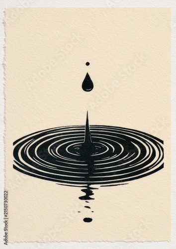 Single water drop creating a ripple in a vintage linocut design on textured offwhite paper