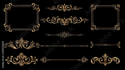 Set of luxury gold ornamental frames and dividers on black background, elegant vector borders with corners, swirls and flourishes for premium invitation and certificate design Stock Vector