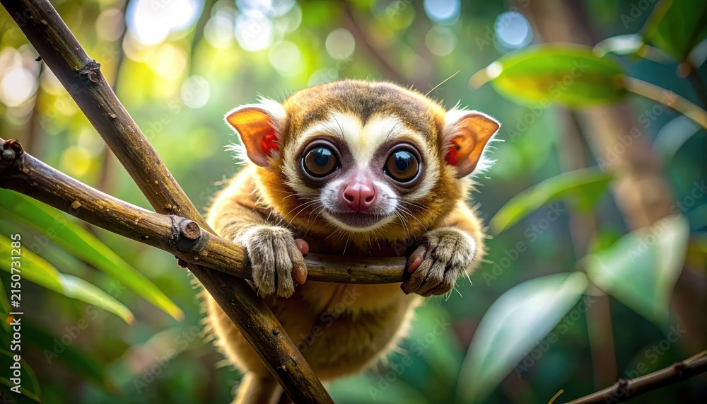 Obraz premium Small tarsier primate clinging to branch in tropical forest.