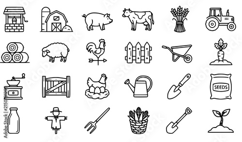 Rural Farm Line Art Icons Collection with Livestock Crops Tools and Countryside Symbols