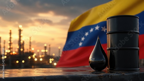 Crude oil barrel and drop with Venezuelan flag and refinery