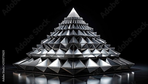 Naklejka Shiny silver metallic pyramid structure on reflective black surface.