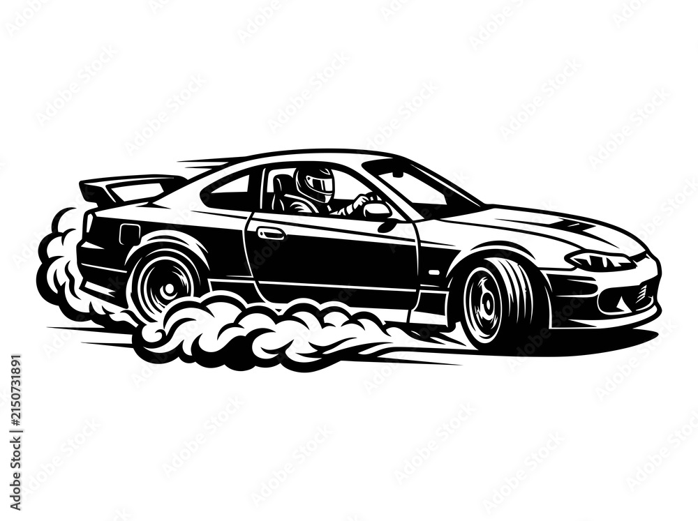 Fototapeta premium Black and White Drift Car with Smoke, Vector Art, Automotive Racing Style