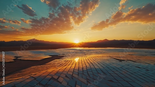Abstract Golden Sunset Reflection on Geometric Tiled Landscape
