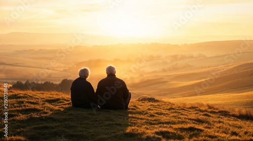 Senior couple sitting on grass hill watching sunrise over misty rolling hills landscape