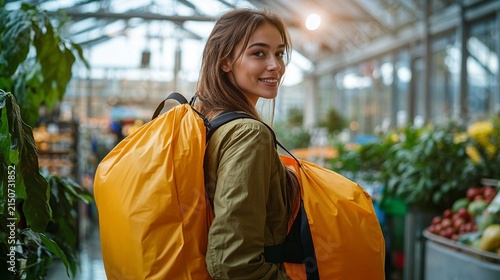 Smiling young woman with large yellow backpack walking in garden center or greenhouse