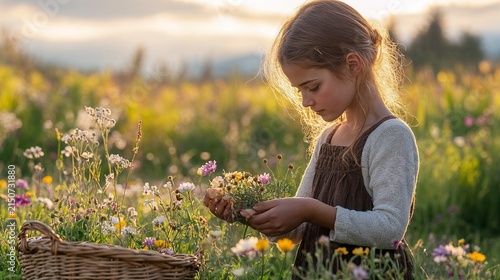 Young girl picking wildflowers in a sunny meadow during golden hour