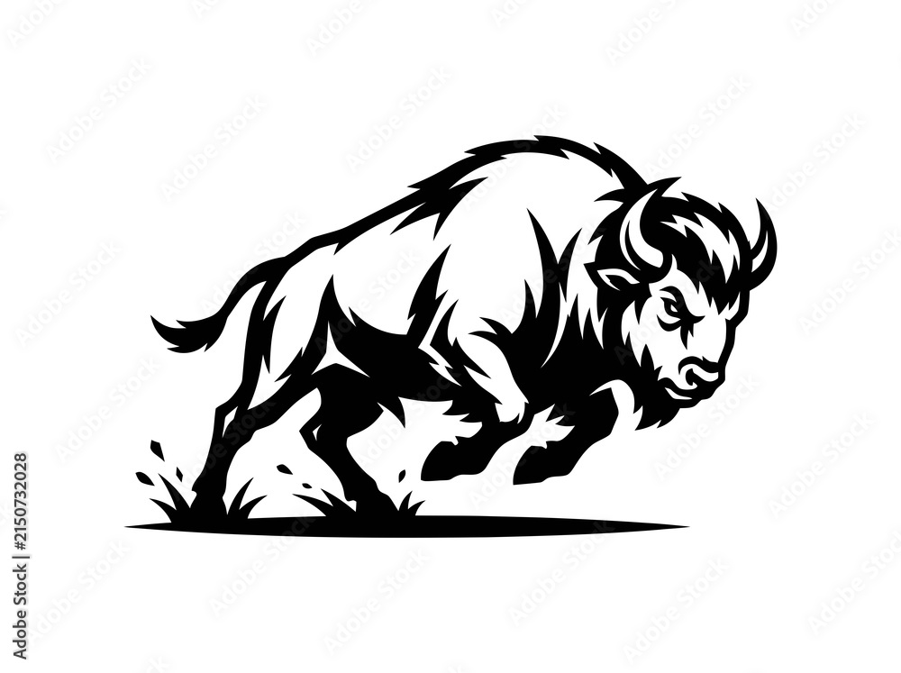 Fototapeta premium Dynamic Sports Mascot: Charging Bison Buffalo Animal Black White Line Art Vector Graphic Design Element