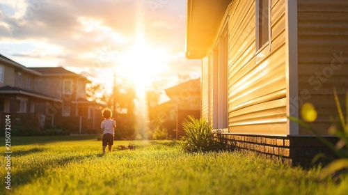 Little child playing in the backyard garden during golden hour sunset, childhood freedom concept
