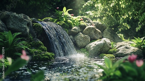Enchanted Tropical Garden Waterfall with Pink Flowers and Mossy Rocks
