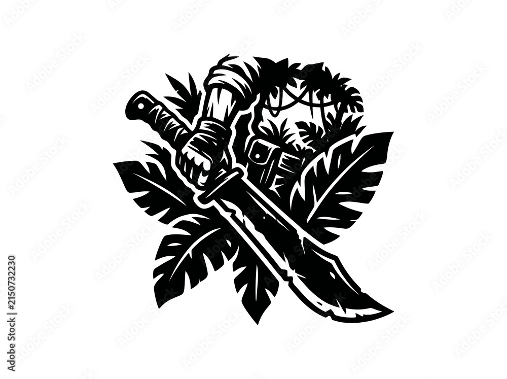 Fototapeta premium Black White Jungle Knife Vector - Adventure, Survival, Exploration Art